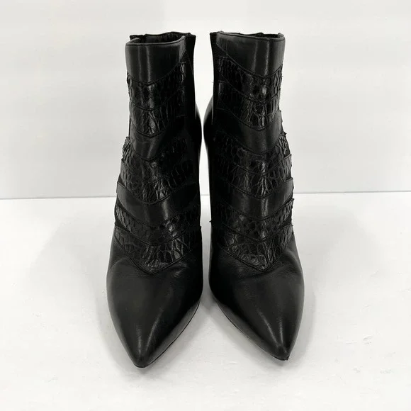 BRIAN ATWOOD Shoes Womens 8 Black Duris Heeled Leather Ankle Bootie Embossed